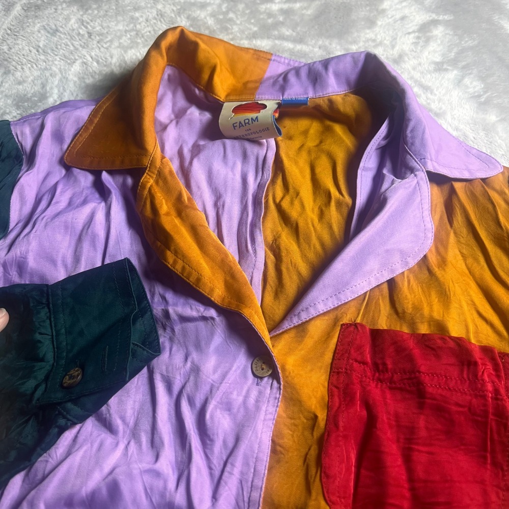 Farm Rio Women's S Button Down Colorblock Viscose Shirt Purple Mustard Green
